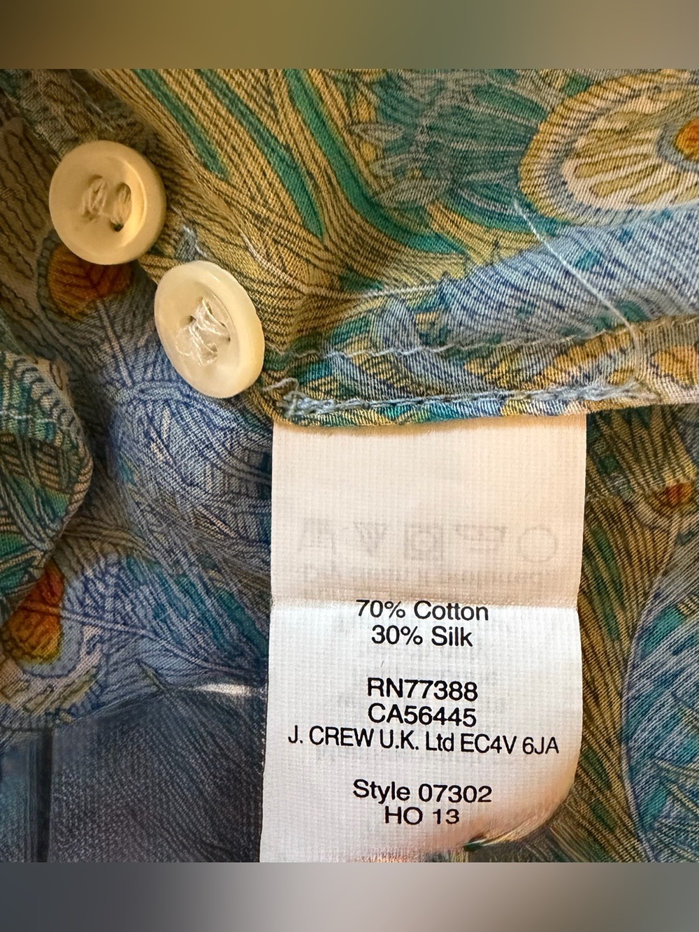 J. Crew Light Blue Peacock-Print Button-Down Cotton/Silk Shirt. Size 6 - Picture 6 of 10